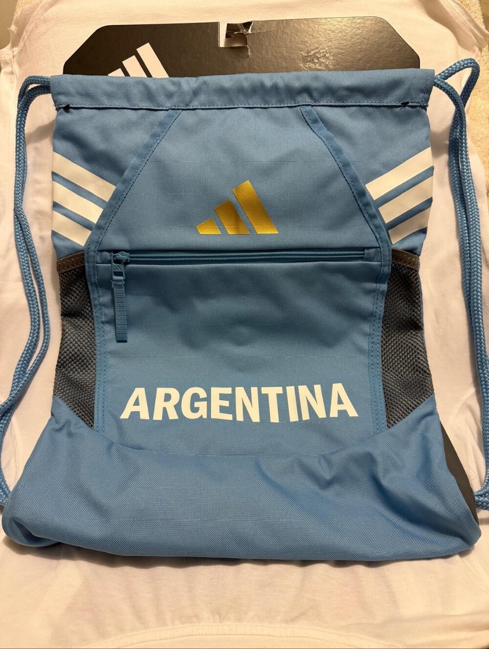 Adidas Light Blue Argentina Drawstring Backpack with Gold Logo